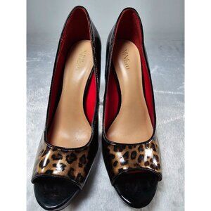Nine & Co JJDrama Peep Toe Leopard Print Black Heels Platform Pumps Size 10M